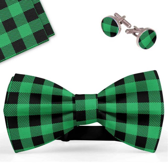 Set papion barbati, batista, butoni, verde-negru, carouri